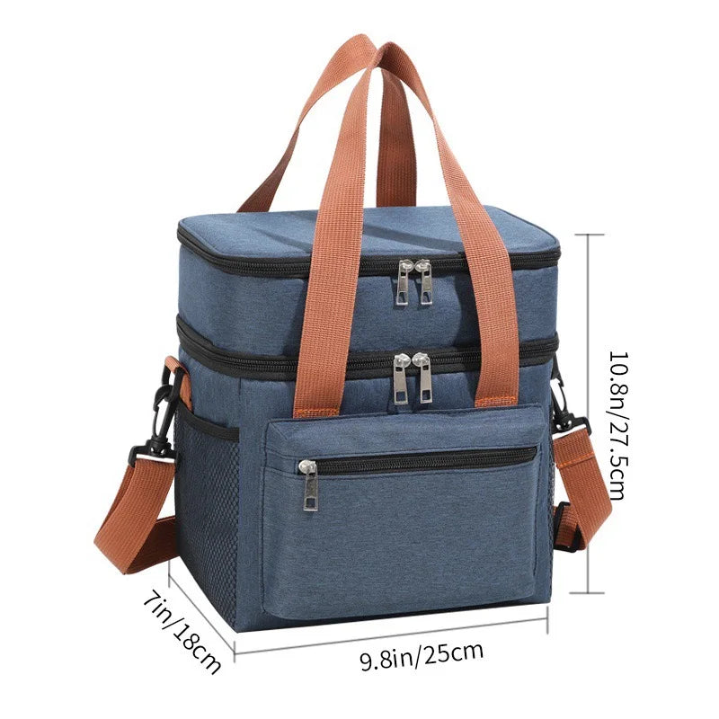 Large Capacity Double Layer Insulated Lunch Bag Waterproof Thermal Cooler Tote with Shoulder Strap for Office Picnic School Foo