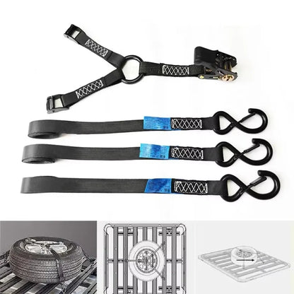 RV Roof Flat Top Frame Rachet Tie Down Spare Tire Bracket Off-Road Tire Anchor AW Roof Luggage Rack with Tie Rope Tension