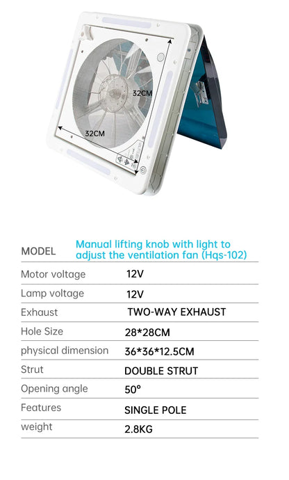RV Roof Ventilation Fan, 12V Manual Control with LED, Camper Exhaust Vent
