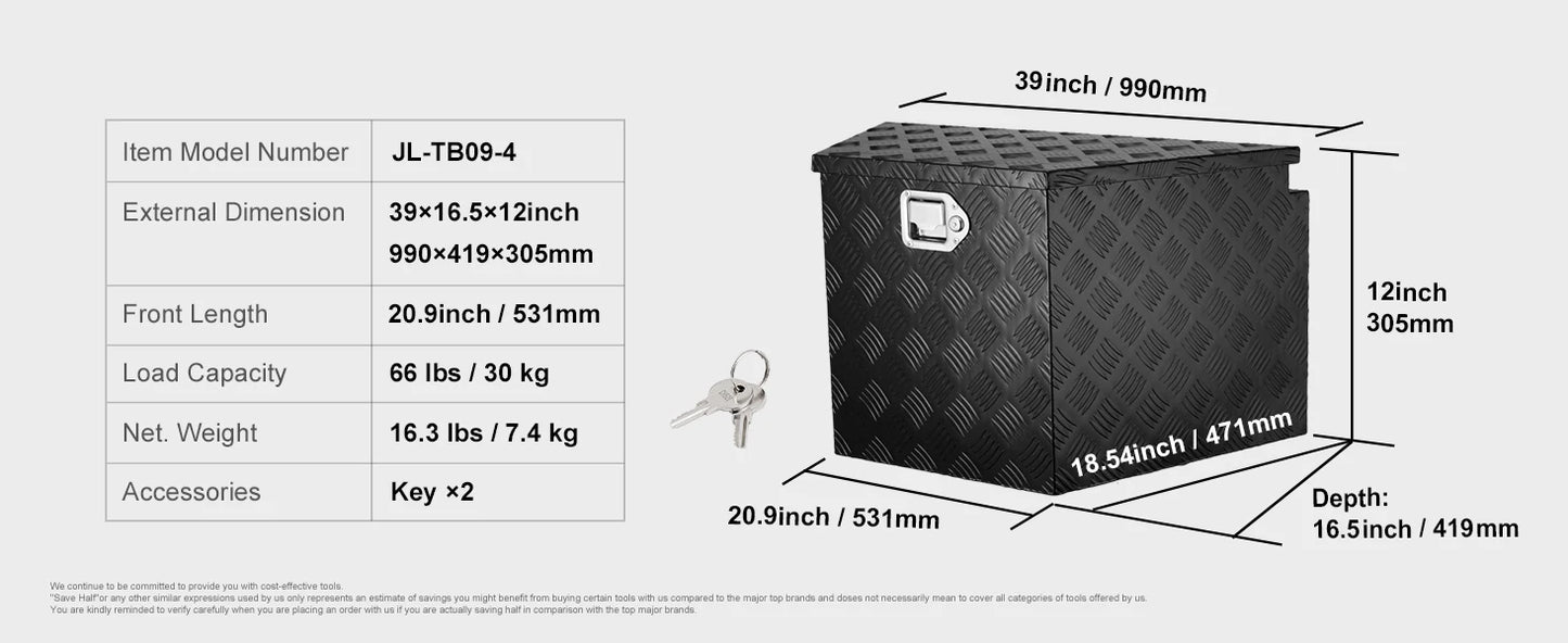 SucceBuy Trailer Tongue Box, Aluminum Alloy Diamond Plate Tongue Box Tool Chest, Heavy Duty Trailer Box Storage for Pickup Truck