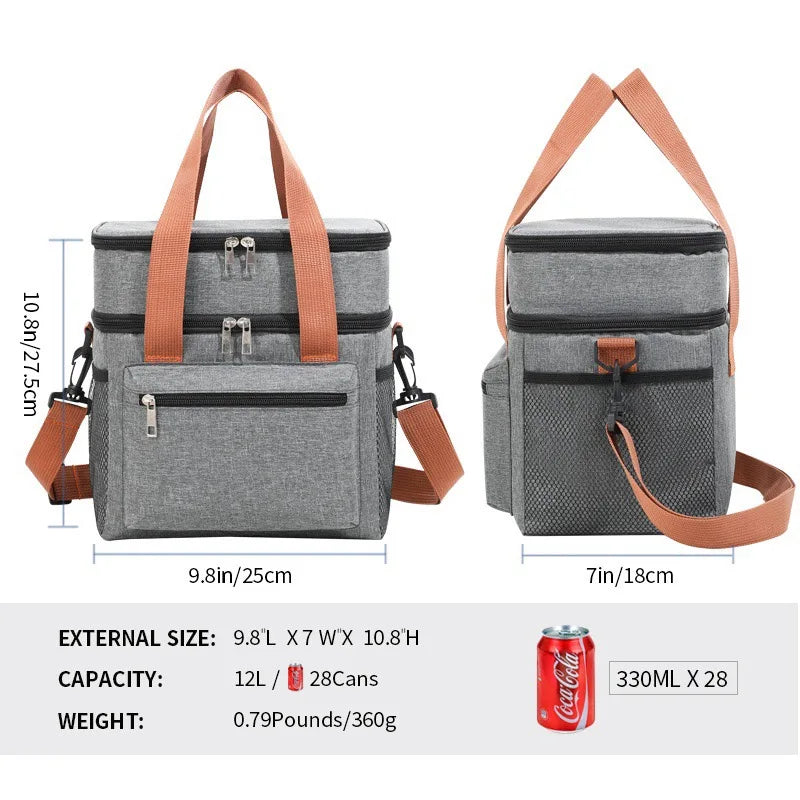 Large Capacity Double Layer Insulated Lunch Bag Waterproof Thermal Cooler Tote with Shoulder Strap for Office Picnic School Foo