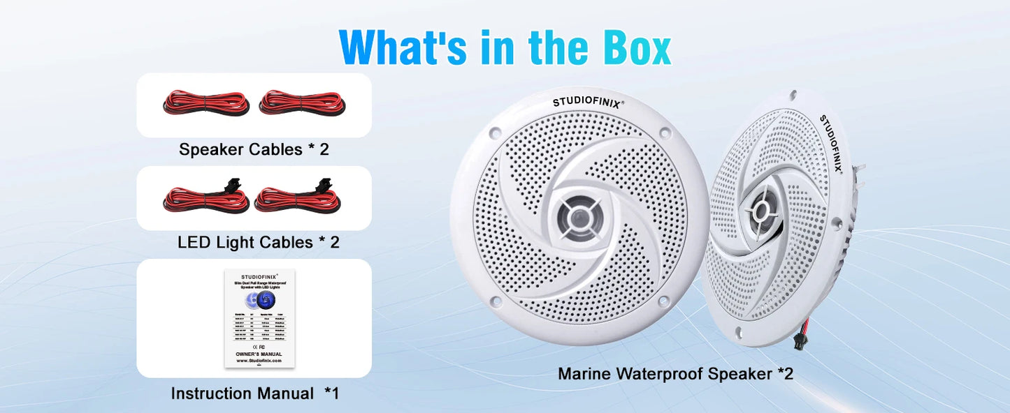 STUDIOFINIX 6.5 Inch 240W Waterproof Marine Speakers with LED Lights 2-Way Slim Outdoor Audio for Boat, RV, ATV, UTV, Golf Cart