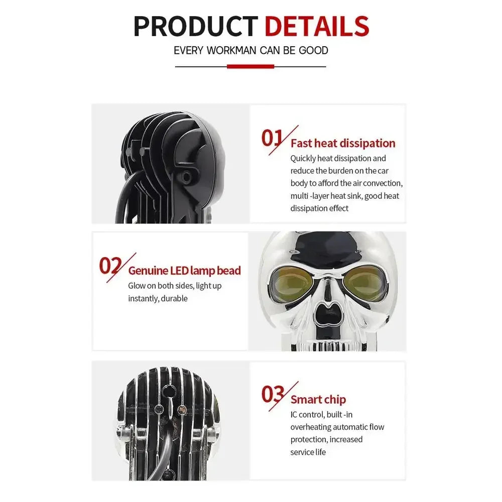 Motorcycle Aluminum Alloy Skull Headlight Skull Fog Lights Motorbike High Low Beam Lamp for Halloween Skull Decoration Headlamp