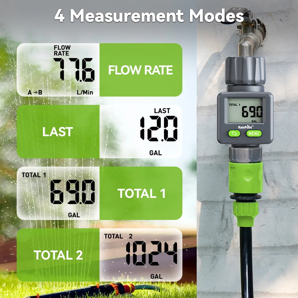 Rainpoint Digital Water Flow Meter RV Water Meter L/Gal For 3/4" Faucet Outdoor Garden Hose Watering Consumption Rate Irrigation