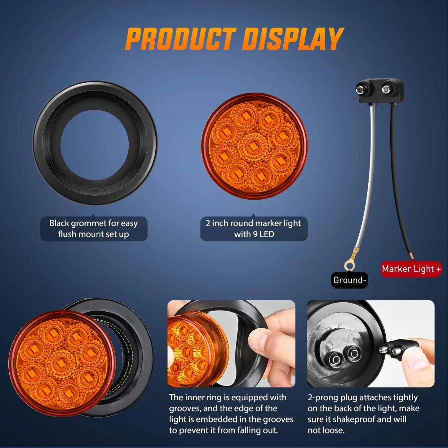 5PCS Red Round Trailer LED Marker Clearance Light 4 LED Flush Mount with Plug Grommet Pigtail Hardwired for Trailer Truc