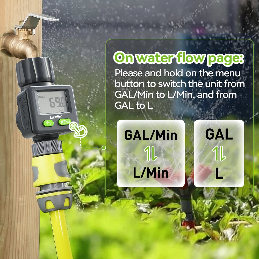 Rainpoint Digital Water Flow Meter RV Water Meter L/Gal For 3/4" Faucet Outdoor Garden Hose Watering Consumption Rate Irrigation