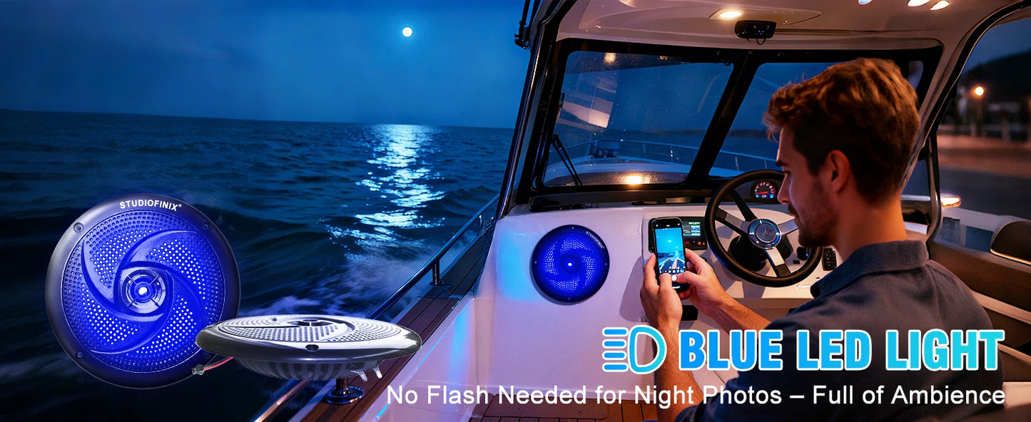 STUDIOFINIX 6.5 Inch 240W Waterproof Marine Speakers with LED Lights 2-Way Slim Outdoor Audio for Boat, RV, ATV, UTV, Golf Cart