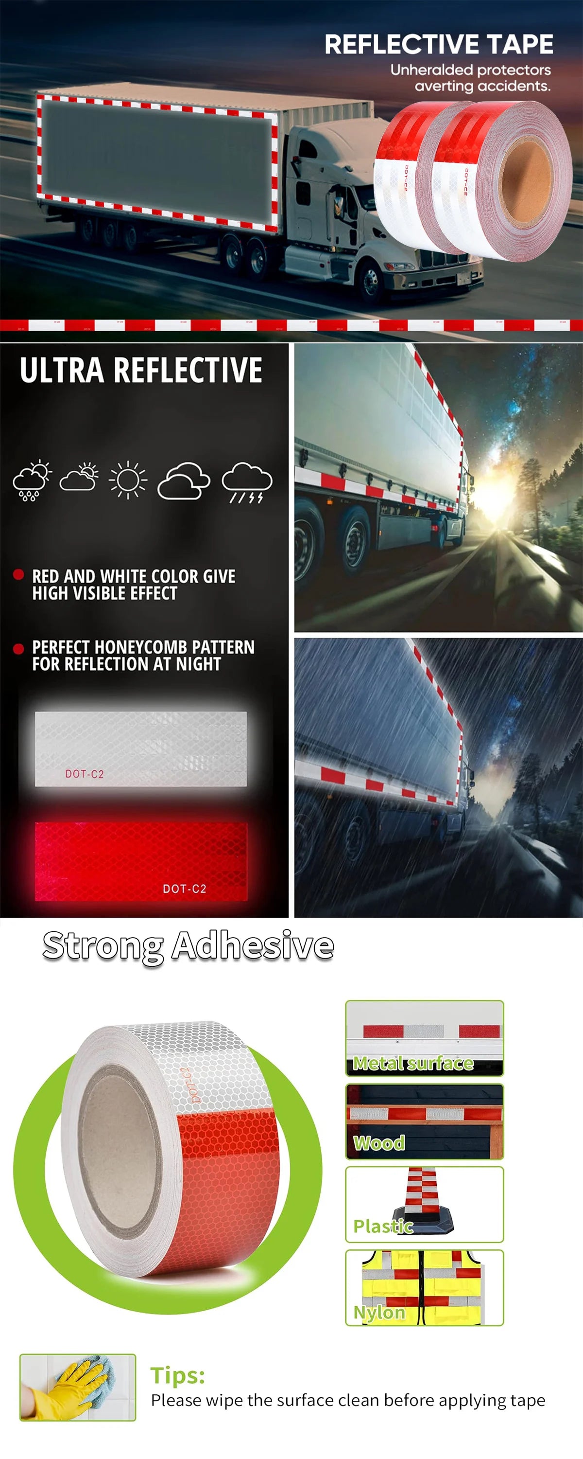 Reflective Tape Outdoor Waterproof Conspicuity Strong Adhesive Reflector Tape Warning Safety for Trailer Truck Boats Sign