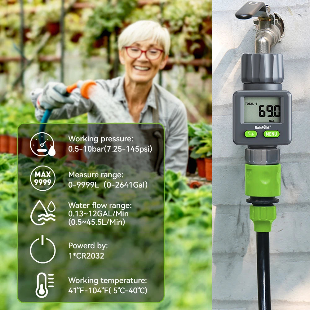 Rainpoint Digital Water Flow Meter RV Water Meter L/Gal For 3/4" Faucet Outdoor Garden Hose Watering Consumption Rate Irrigation