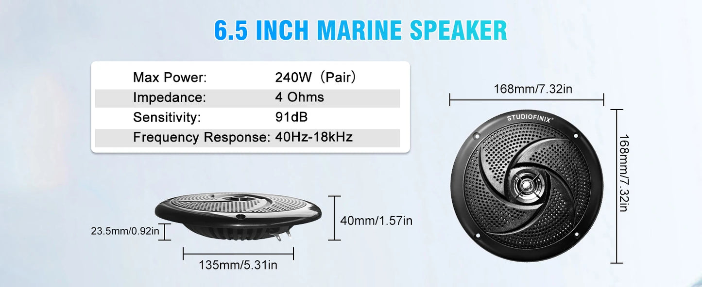 STUDIOFINIX 6.5 Inch 240W Waterproof Marine Speakers with LED Lights 2-Way Slim Outdoor Audio for Boat, RV, ATV, UTV, Golf Cart