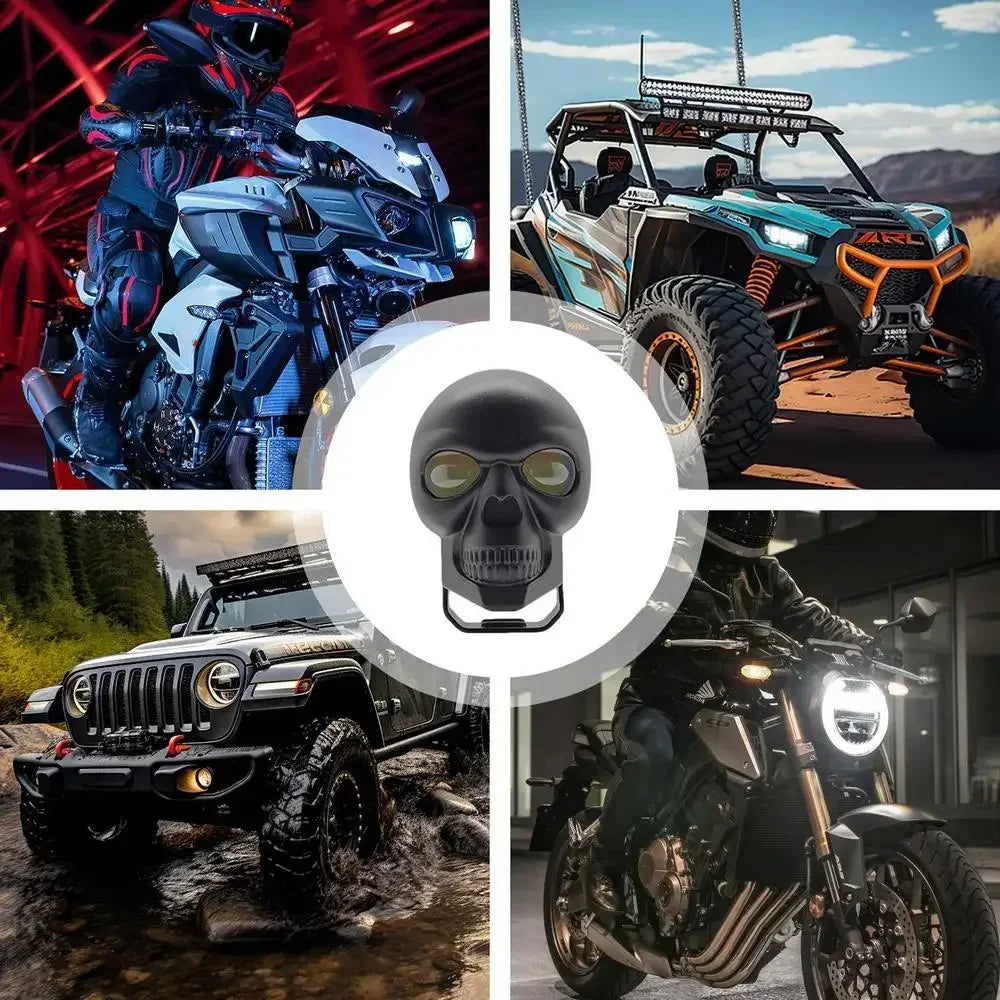 Motorcycle Aluminum Alloy Skull Headlight Skull Fog Lights Motorbike High Low Beam Lamp for Halloween Skull Decoration Headlamp