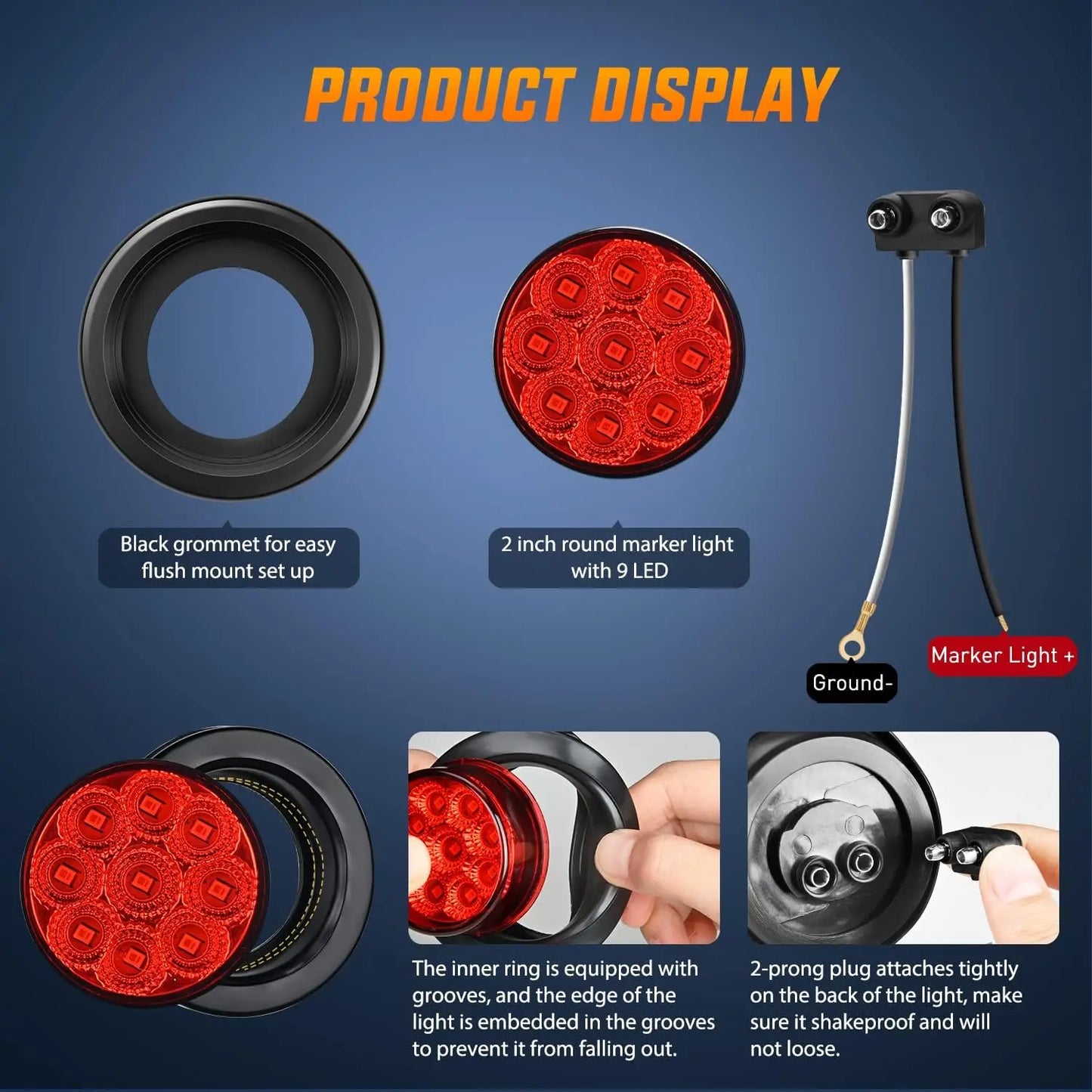5PCS Red Round Trailer LED Marker Clearance Light 4 LED Flush Mount with Plug Grommet Pigtail Hardwired for Trailer Truc