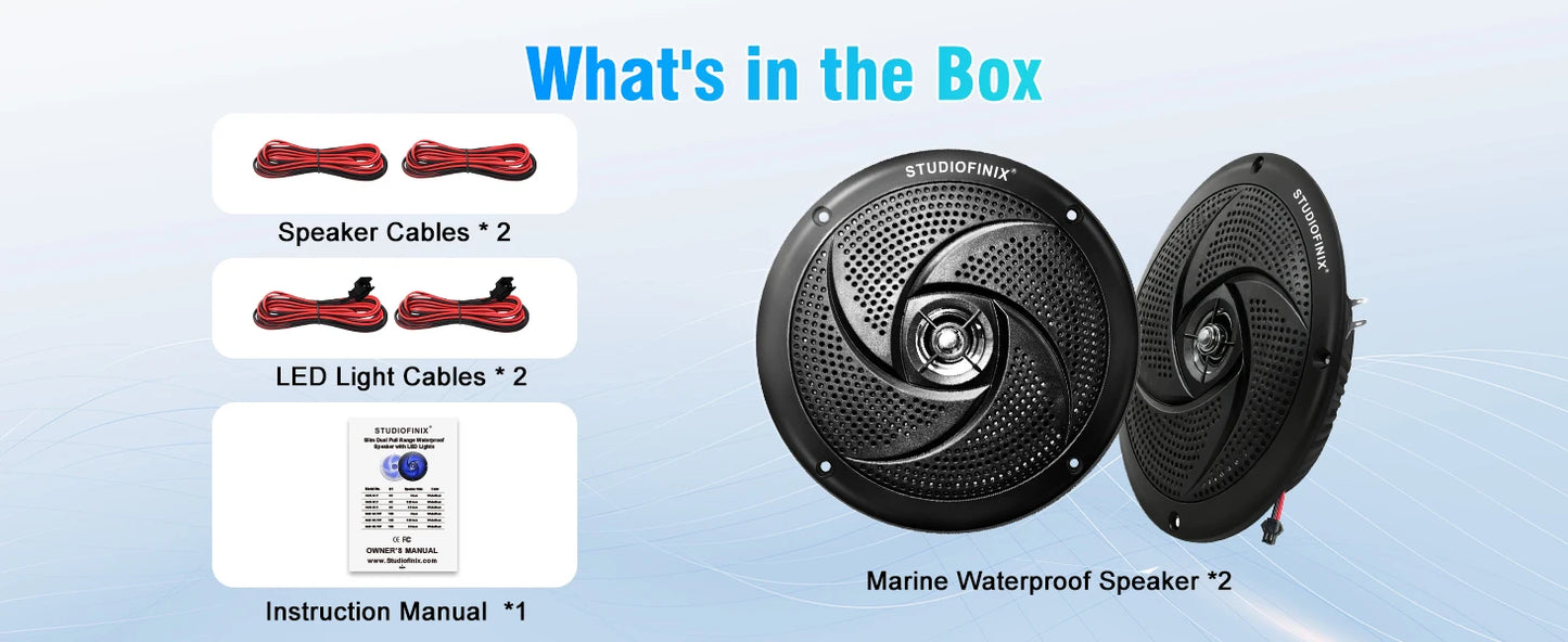 STUDIOFINIX 6.5 Inch 240W Waterproof Marine Speakers with LED Lights 2-Way Slim Outdoor Audio for Boat, RV, ATV, UTV, Golf Cart