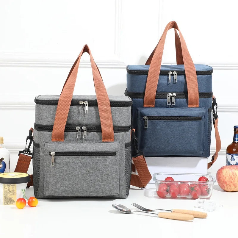 Large Capacity Double Layer Insulated Lunch Bag Waterproof Thermal Cooler Tote with Shoulder Strap for Office Picnic School Foo