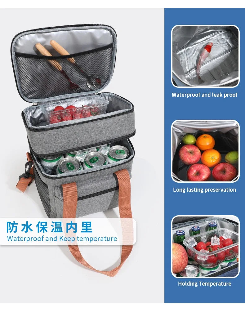Large Capacity Double Layer Insulated Lunch Bag Waterproof Thermal Cooler Tote with Shoulder Strap for Office Picnic School Foo