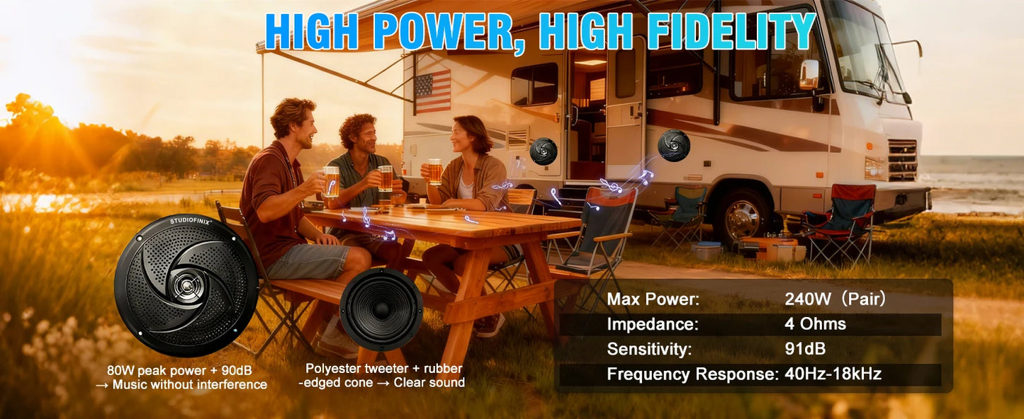 STUDIOFINIX 6.5 Inch 240W Waterproof Marine Speakers with LED Lights 2-Way Slim Outdoor Audio for Boat, RV, ATV, UTV, Golf Cart