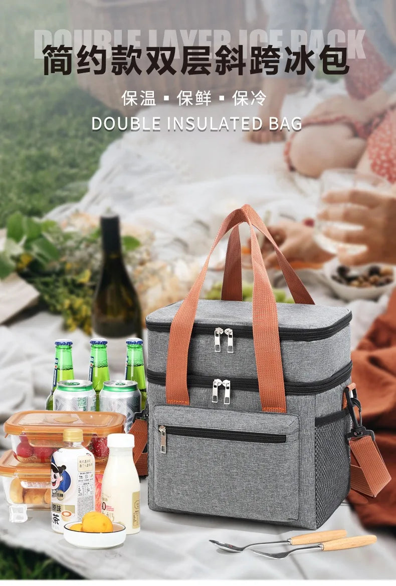 Large Capacity Double Layer Insulated Lunch Bag Waterproof Thermal Cooler Tote with Shoulder Strap for Office Picnic School Foo
