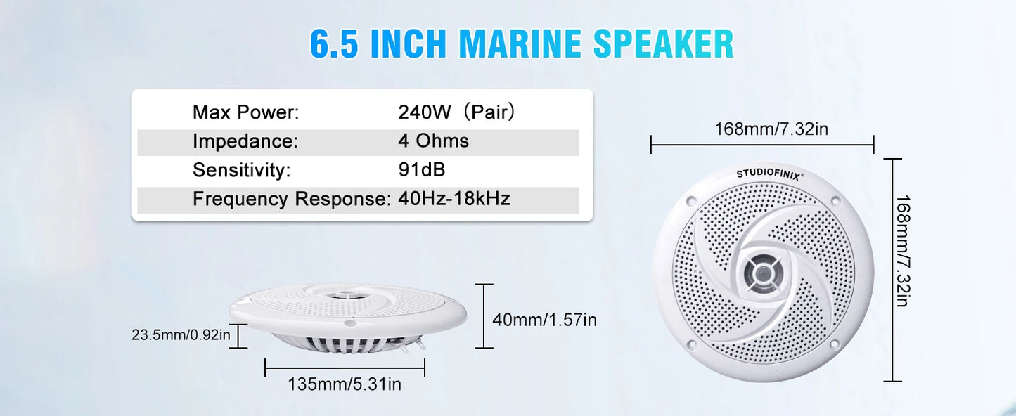 STUDIOFINIX 6.5 Inch 240W Waterproof Marine Speakers with LED Lights 2-Way Slim Outdoor Audio for Boat, RV, ATV, UTV, Golf Cart