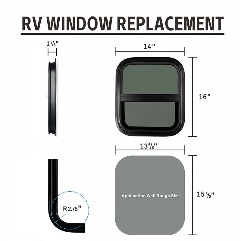 RV Window Trailer Window Waterproof Sealed Tinted Tempered Glass Pull Opening Rounded Corner with Clamp Ring for Camper Vehicle