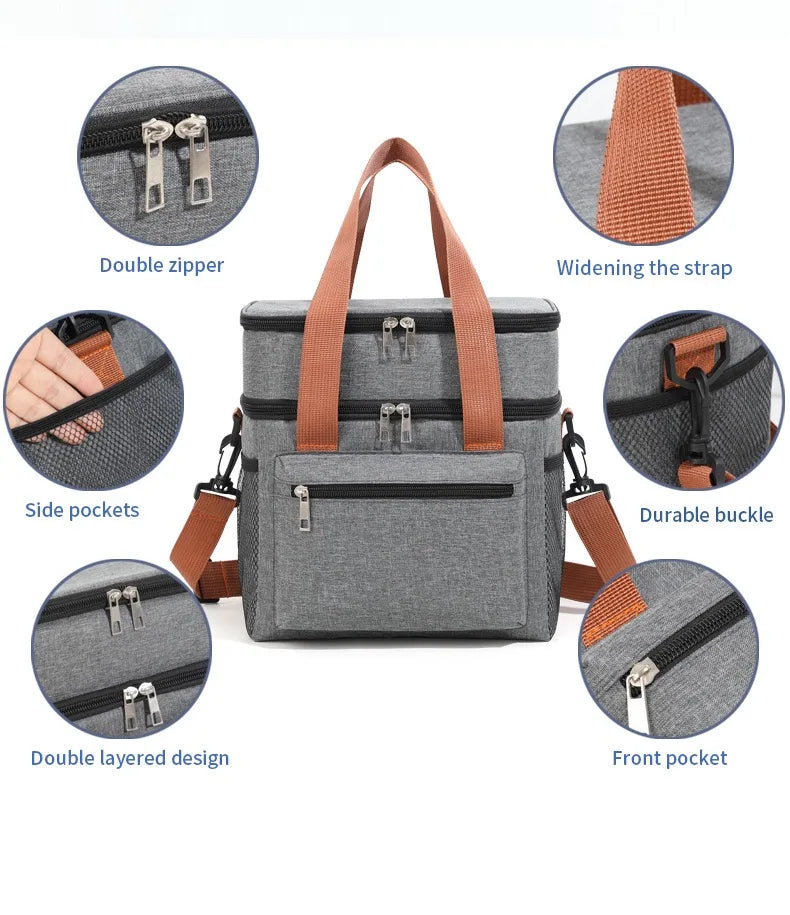 Large Capacity Double Layer Insulated Lunch Bag Waterproof Thermal Cooler Tote with Shoulder Strap for Office Picnic School Foo