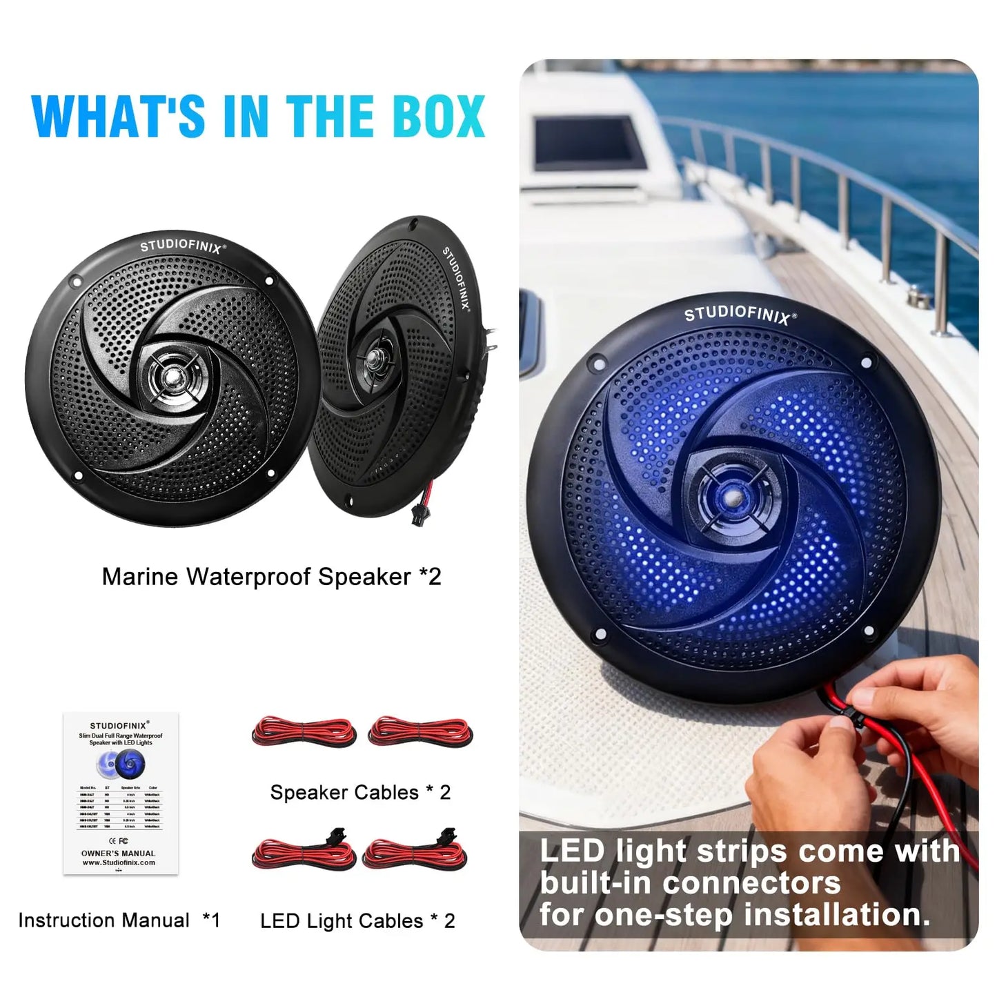 STUDIOFINIX 6.5 Inch 240W Waterproof Marine Speakers with LED Lights 2-Way Slim Outdoor Audio for Boat, RV, ATV, UTV, Golf Cart
