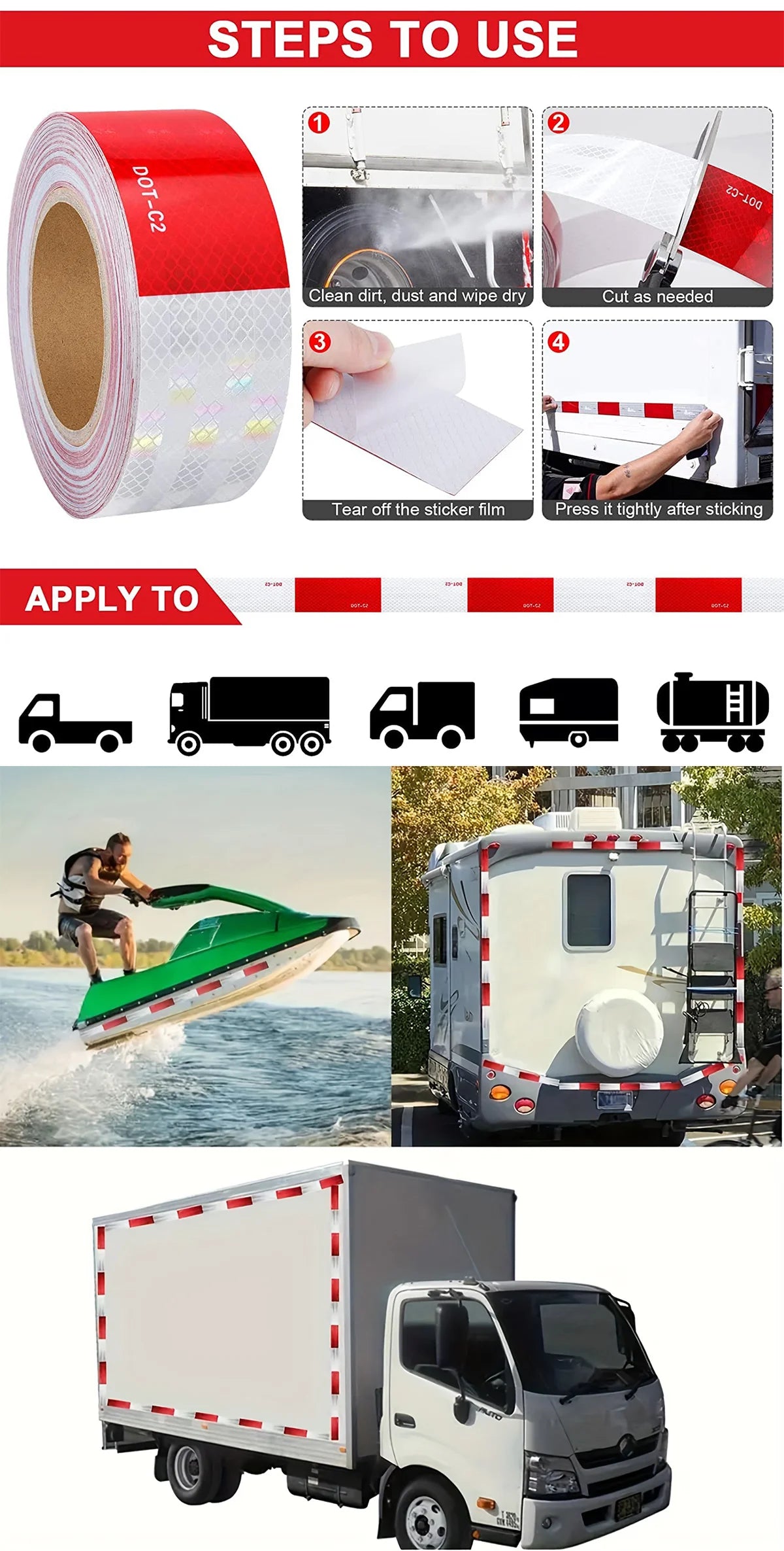 Reflective Tape Outdoor Waterproof Conspicuity Strong Adhesive Reflector Tape Warning Safety for Trailer Truck Boats Sign