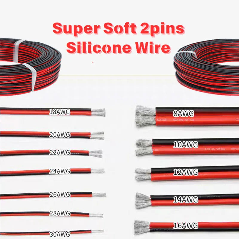 Super Soft 2 Pin Red and Black Silicone Cable 28awg 26awg 24 22 20 18 16 14 12awg 10awg 8awg High Temperature Tinned Copper Wire