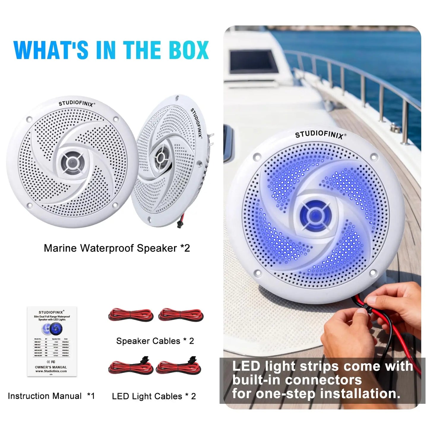 STUDIOFINIX 6.5 Inch 240W Waterproof Marine Speakers with LED Lights 2-Way Slim Outdoor Audio for Boat, RV, ATV, UTV, Golf Cart