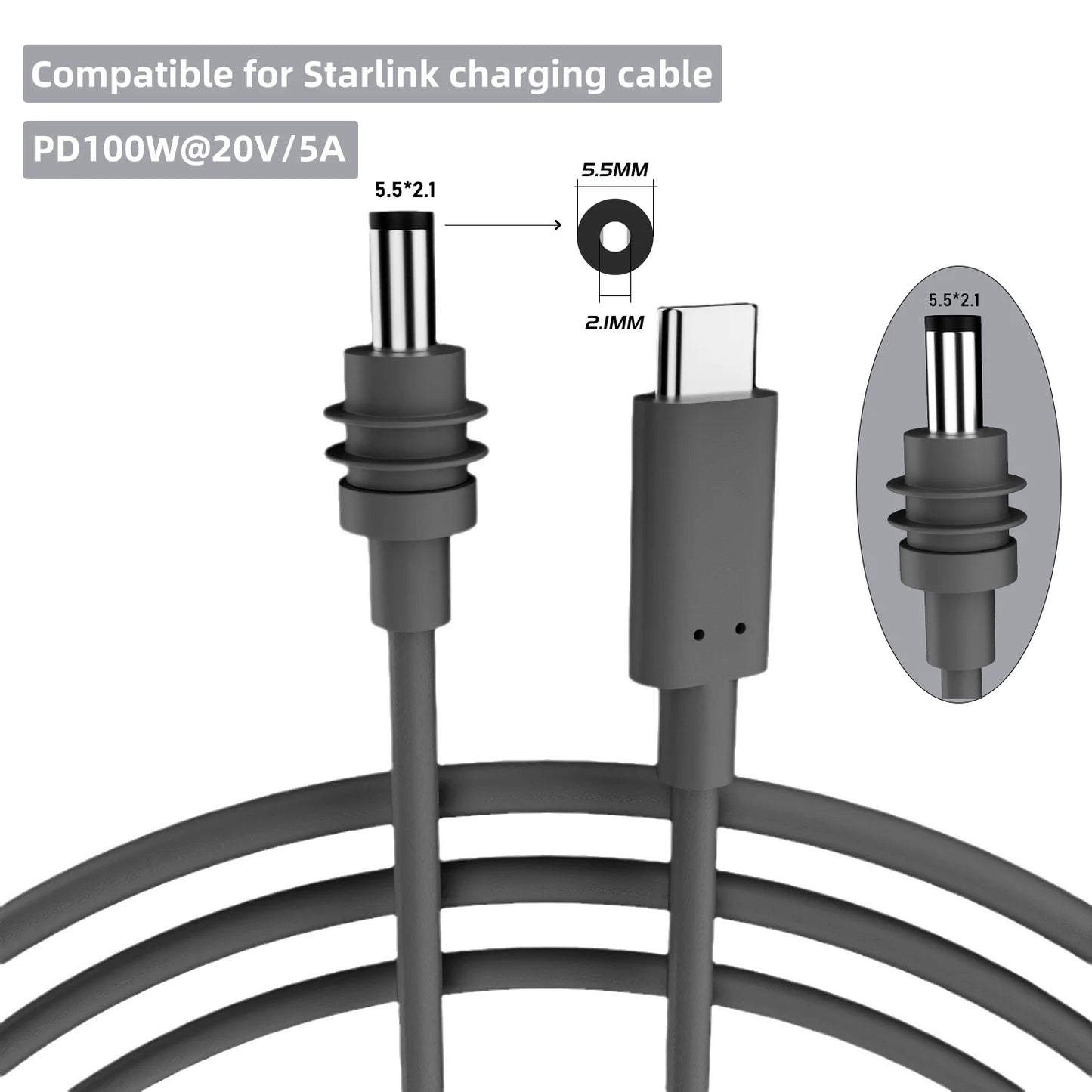 For Starlink Mini Cable 2M(6.6ft) Starlink Mini DC Power Type-C Input Replacement Cable Waterproof Outerdoor Barrel Jack Chargin