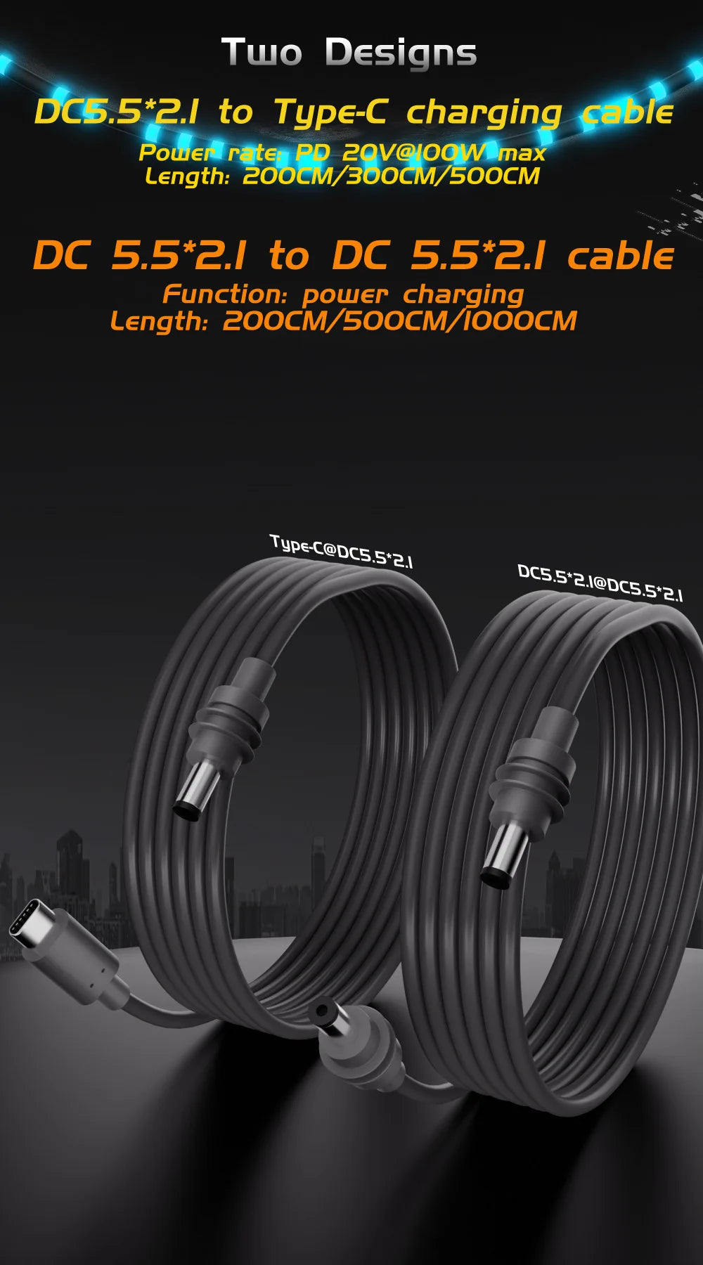 For Starlink Mini Cable 2M(6.6ft) Starlink Mini DC Power Type-C Input Replacement Cable Waterproof Outerdoor Barrel Jack Chargin