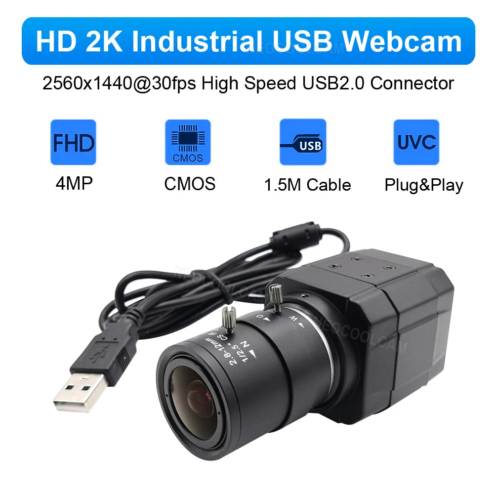 HD 2K Webcam 30fps High Speed UVC OTG 4MP USB Camera With 2.8-12mm Varifocal CS Lens Plug And Play For Youtube Live Broadcast