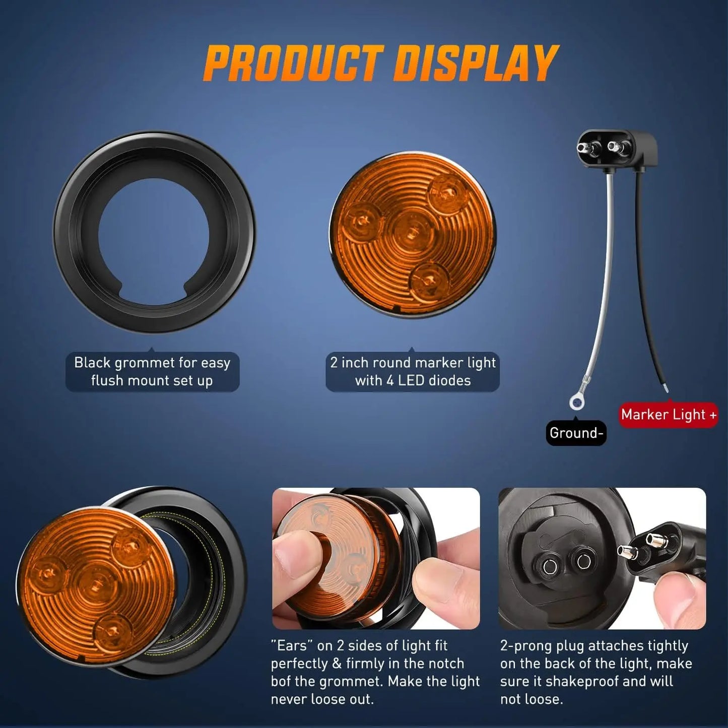 5PCS Red Round Trailer LED Marker Clearance Light 4 LED Flush Mount with Plug Grommet Pigtail Hardwired for Trailer Truc