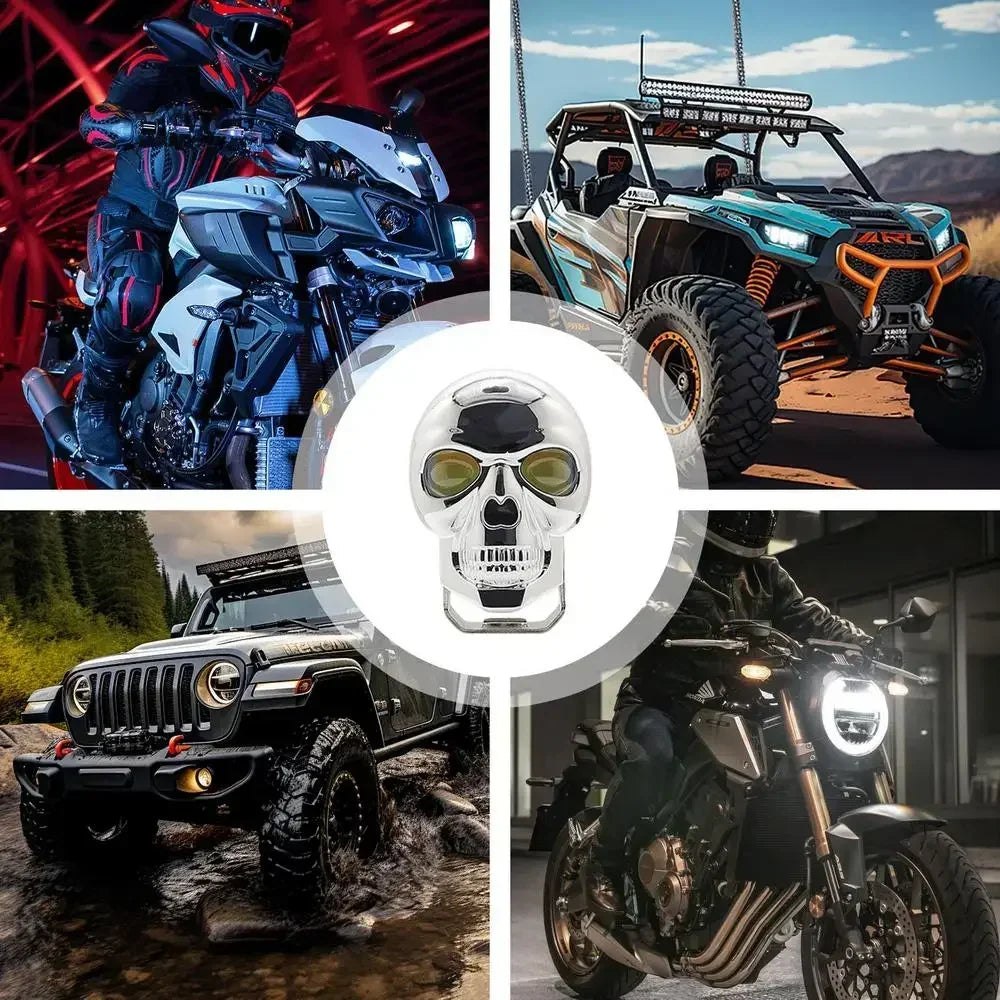 Motorcycle Aluminum Alloy Skull Headlight Skull Fog Lights Motorbike High Low Beam Lamp for Halloween Skull Decoration Headlamp
