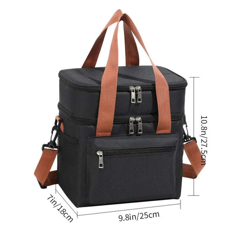 Large Capacity Double Layer Insulated Lunch Bag Waterproof Thermal Cooler Tote with Shoulder Strap for Office Picnic School Foo