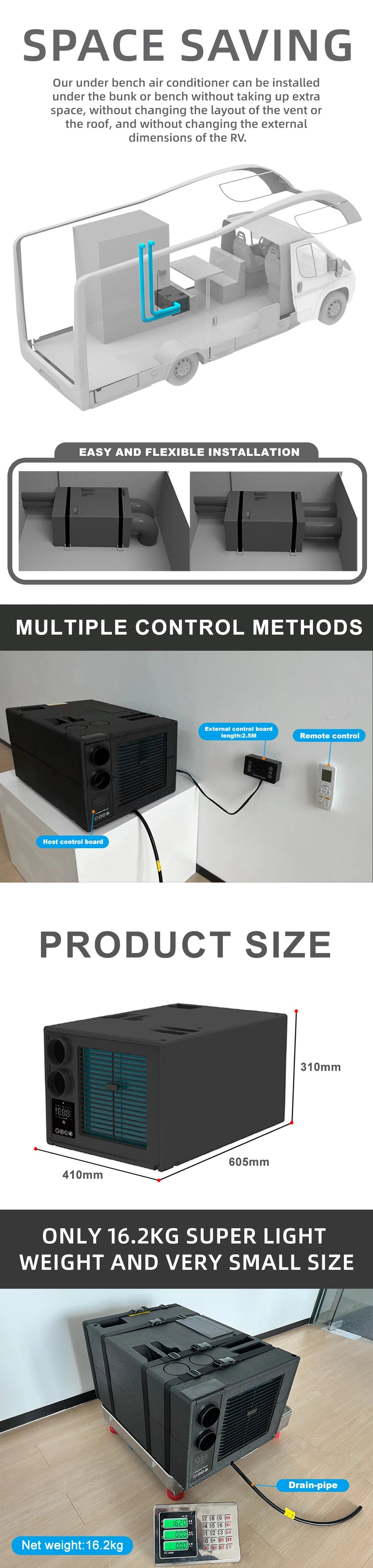 RV 12V24V48VAC caravan van motorhome marine under bench air conditioner 12volt air conditioning 24V auto parking cooler system