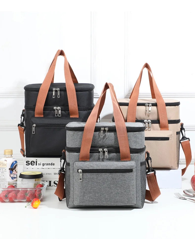 Large Capacity Double Layer Insulated Lunch Bag Waterproof Thermal Cooler Tote with Shoulder Strap for Office Picnic School Foo