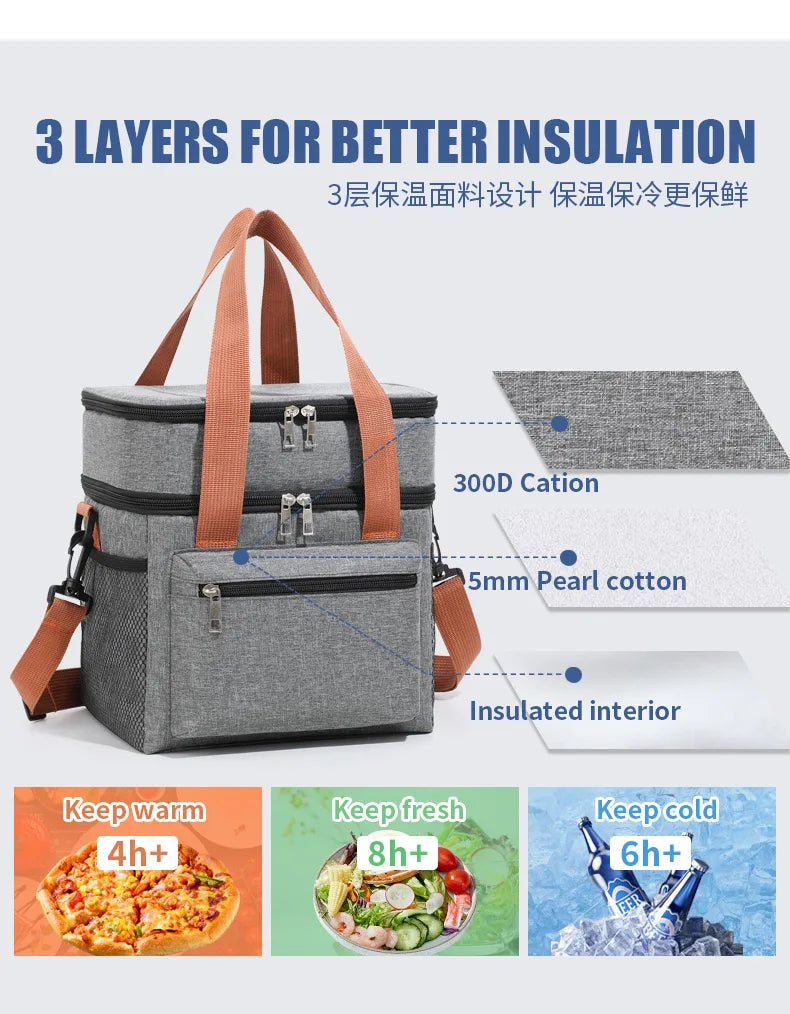 Large Capacity Double Layer Insulated Lunch Bag Waterproof Thermal Cooler Tote with Shoulder Strap for Office Picnic School Foo