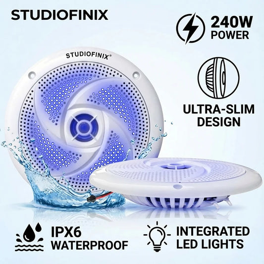 STUDIOFINIX 6.5 Inch 240W Waterproof Marine Speakers with LED Lights 2-Way Slim Outdoor Audio for Boat, RV, ATV, UTV, Golf Cart