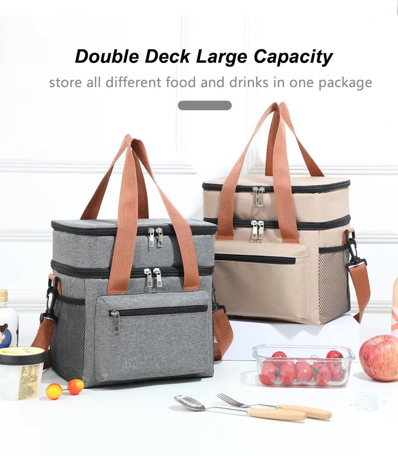 Large Capacity Double Layer Insulated Lunch Bag Waterproof Thermal Cooler Tote with Shoulder Strap for Office Picnic School Foo