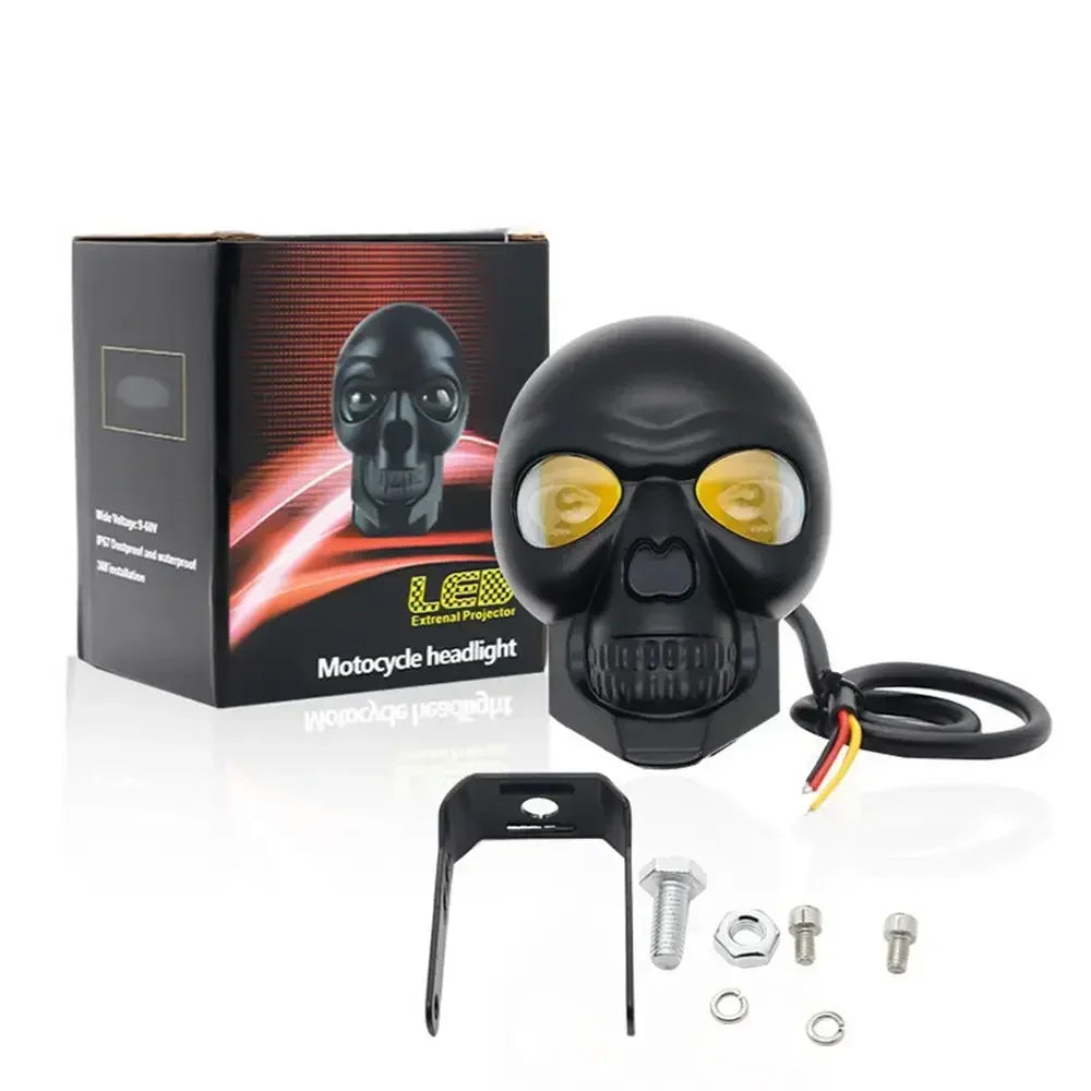 Motorcycle Aluminum Alloy Skull Headlight Skull Fog Lights Motorbike High Low Beam Lamp for Halloween Skull Decoration Headlamp