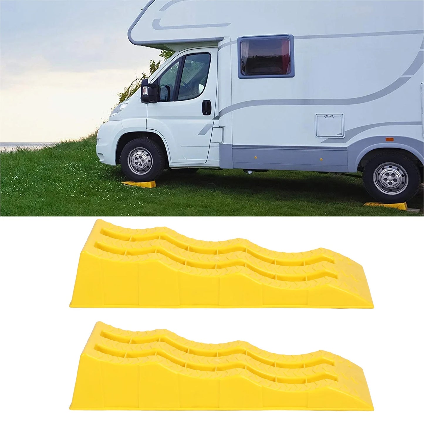 Trailer Leveler 1 Pair RV Leveling Ramps 3 Stage Yellow Trailer Camper Wheel Chocks for Stabilizing Uneven Ground and Parking