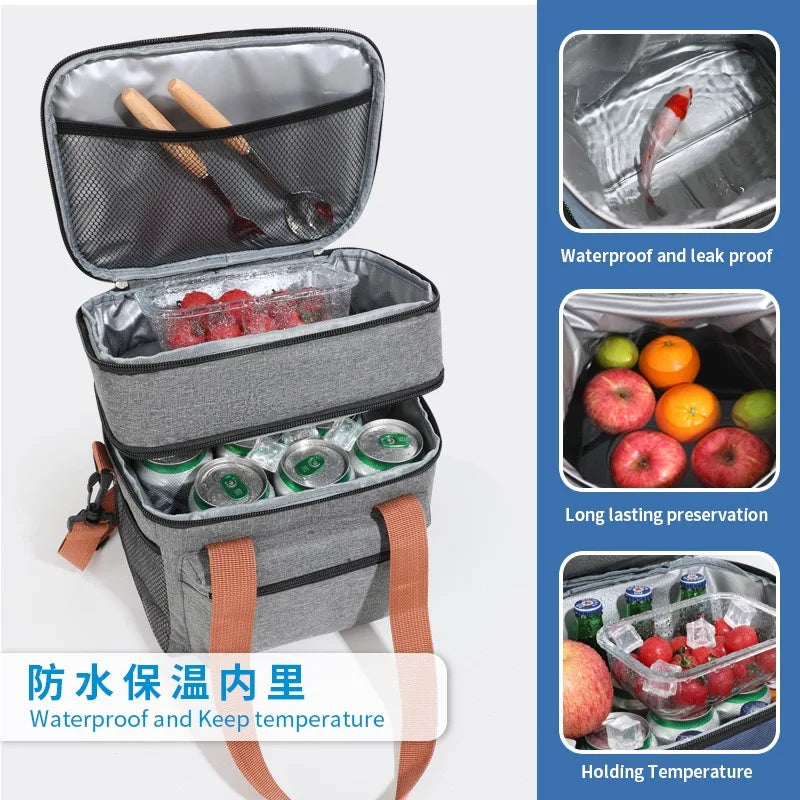 Large Capacity Double Layer Insulated Lunch Bag Waterproof Thermal Cooler Tote with Shoulder Strap for Office Picnic School Foo