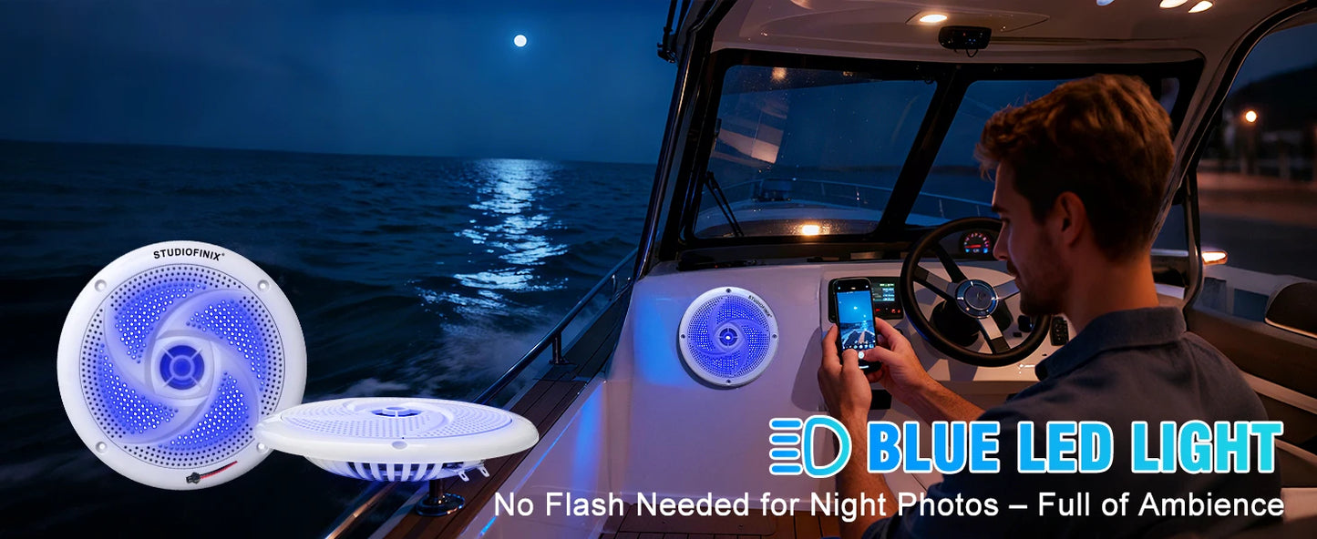 STUDIOFINIX 6.5 Inch 240W Waterproof Marine Speakers with LED Lights 2-Way Slim Outdoor Audio for Boat, RV, ATV, UTV, Golf Cart