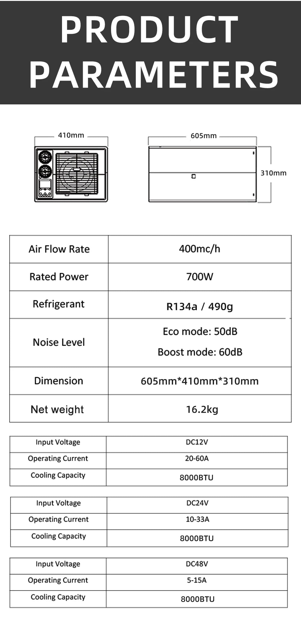 RV 12V24V48VAC caravan van motorhome marine under bench air conditioner 12volt air conditioning 24V auto parking cooler system