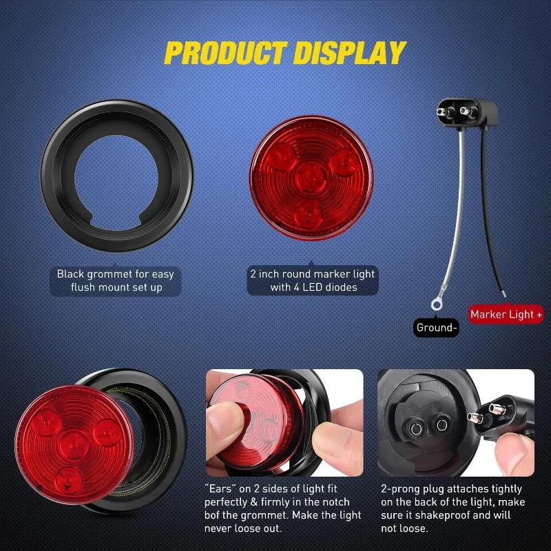 5PCS Red Round Trailer LED Marker Clearance Light 4 LED Flush Mount with Plug Grommet Pigtail Hardwired for Trailer Truc