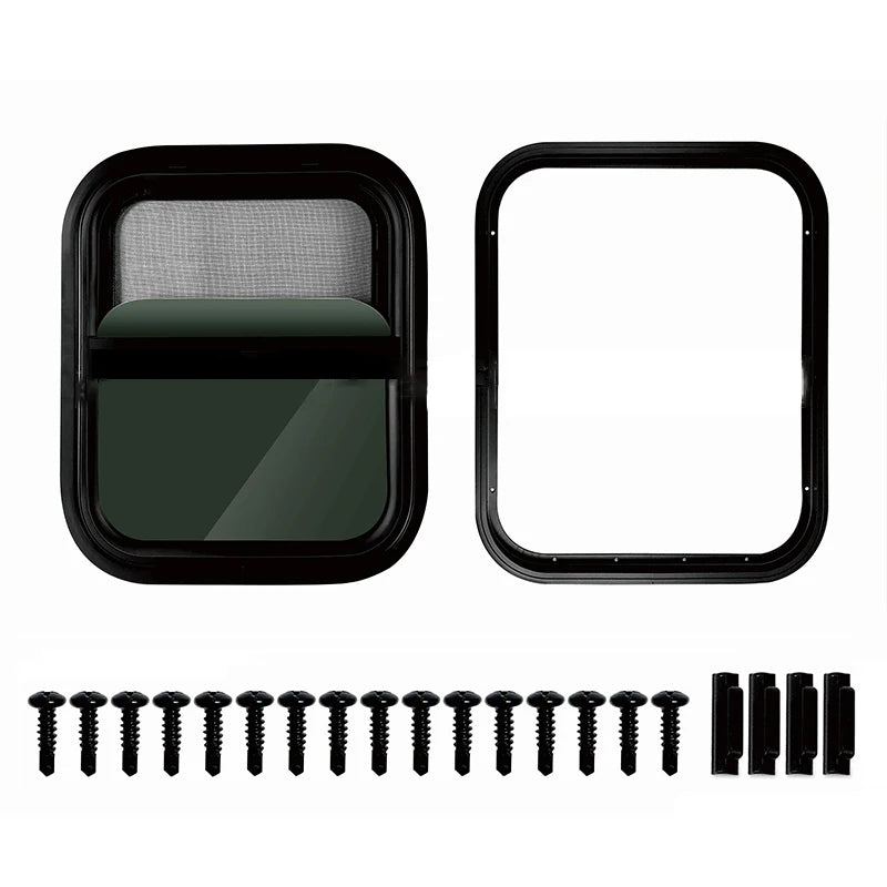 RV Window Trailer Window Waterproof Sealed Tinted Tempered Glass Pull Opening Rounded Corner with Clamp Ring for Camper Vehicle