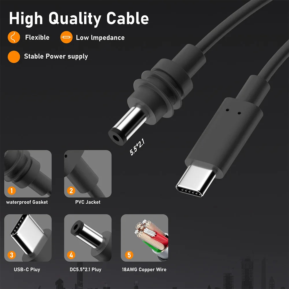 For Starlink Mini Cable 2M(6.6ft) Starlink Mini DC Power Type-C Input Replacement Cable Waterproof Outerdoor Barrel Jack Chargin