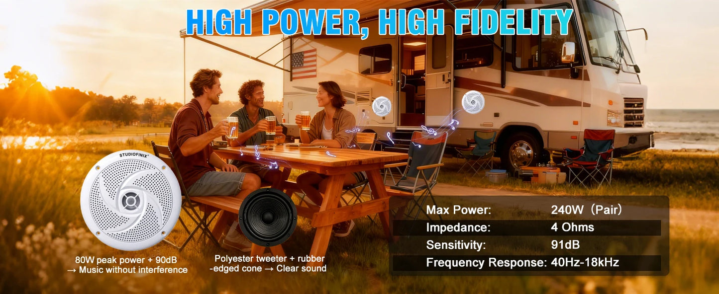 STUDIOFINIX 6.5 Inch 240W Waterproof Marine Speakers with LED Lights 2-Way Slim Outdoor Audio for Boat, RV, ATV, UTV, Golf Cart