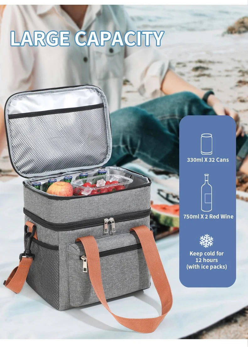 Large Capacity Double Layer Insulated Lunch Bag Waterproof Thermal Cooler Tote with Shoulder Strap for Office Picnic School Foo
