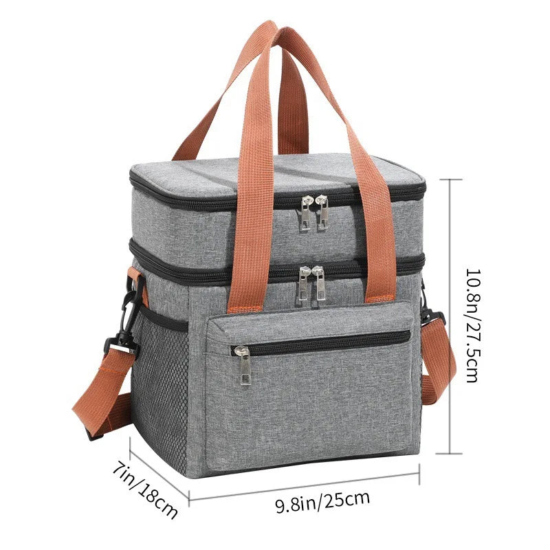 Large Capacity Double Layer Insulated Lunch Bag Waterproof Thermal Cooler Tote with Shoulder Strap for Office Picnic School Foo